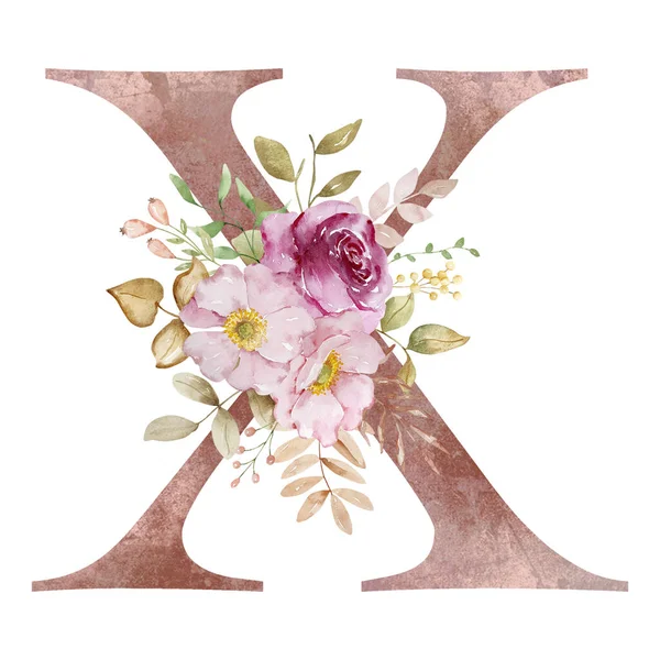 Autumn Letter X with watercolor flowers and leaves