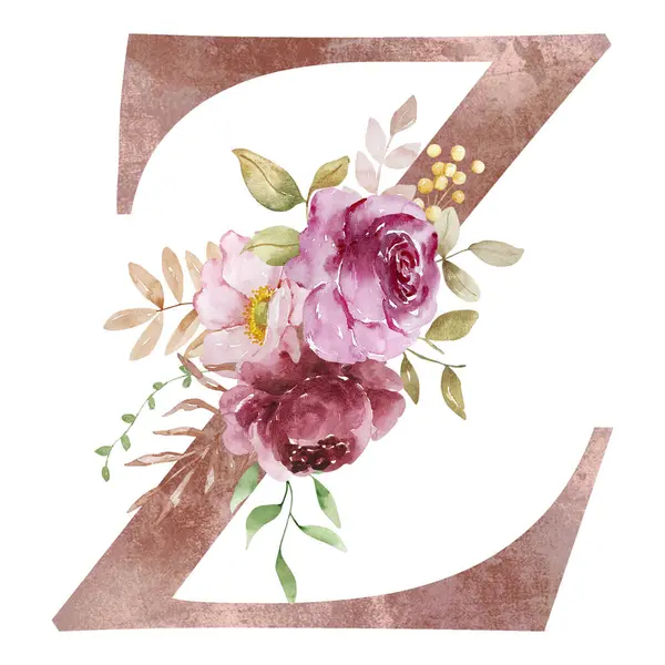 Autumn Letter Z with watercolor flowers and leaves