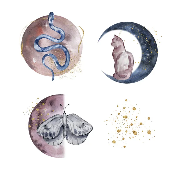 Watercolor set fantastic moon animals, illustration