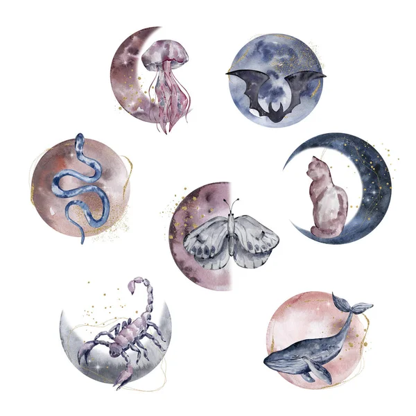 Watercolor set fantastic moon animals, illustration