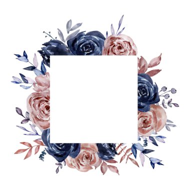 Çiçek çerçeveli suluboya güller, koyu çiçekler