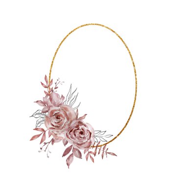 Geometrik altın çerçeveli suluboya güller, koyu çiçekler