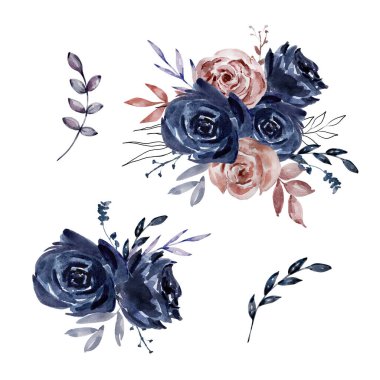 Suluboya buketler, koyu güller, çiçekler.