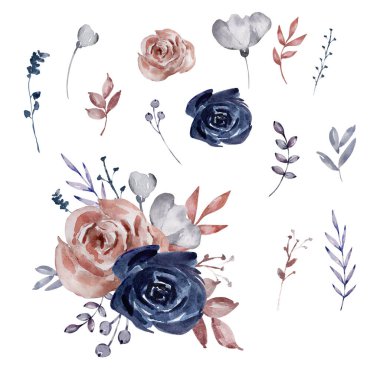 Suluboya buketler, koyu güller, çiçekler.