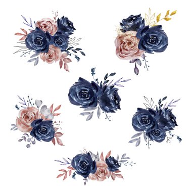 Suluboya buketler, koyu güller, çiçekler.