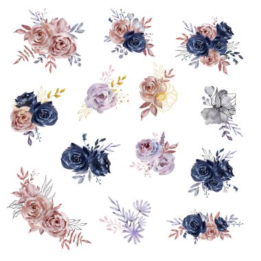 Suluboya buketler, koyu güller, çiçekler.