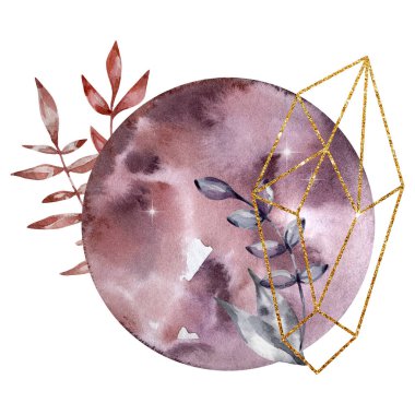 Kristal ve çiçekli suluboya ay, mistik