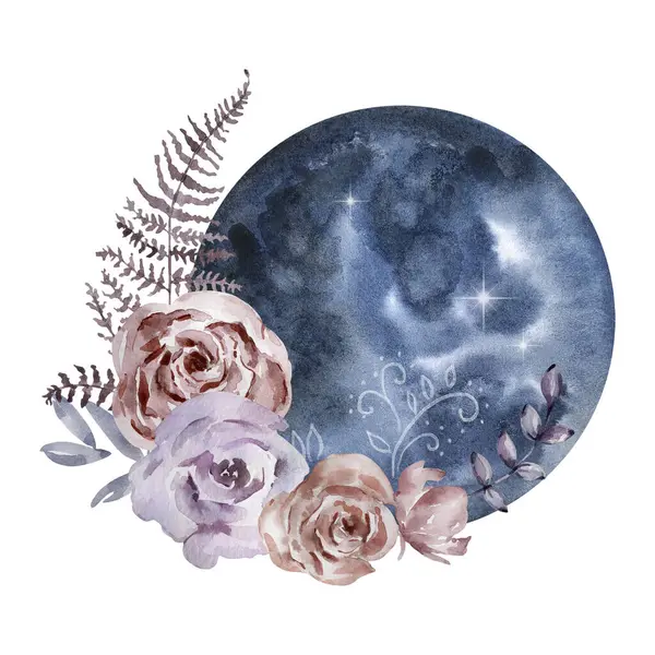Watercolor Moon Flowers Bouquet Mystical Stock Image