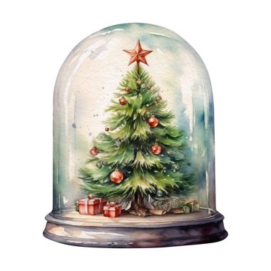 Noel ağacıyla suluboya Noel küresi, kış örtüsü
