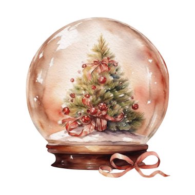 Noel ağacıyla suluboya Noel küresi, kış örtüsü