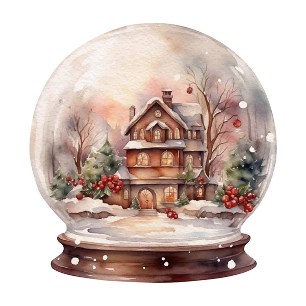 Kar evi olan suluboya Noel küresi, kış örtüsü