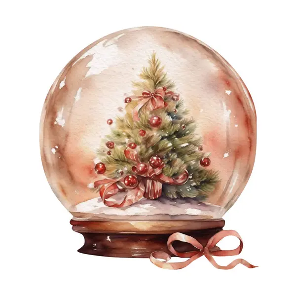 Υδατογραφία Χριστούγεννα Χιονόμπαλα Χριστουγεννιάτικο Δέντρο Χειμώνα Ζεστό Φωτογραφία Αρχείου