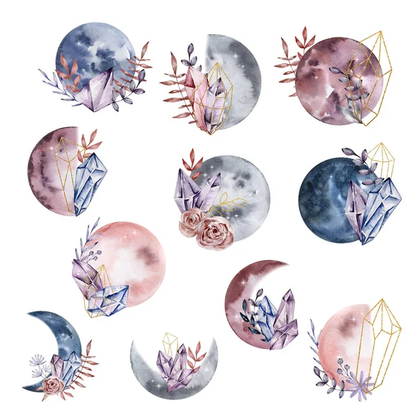 Watercolor Moons Crystal Floral Mystical Stock Picture