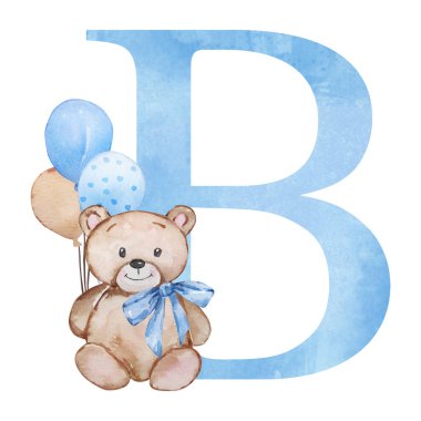 Mavi harf B, suluboya oyuncak ayı, şirin çocuk odası.