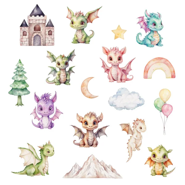 Watercolor cute baby dragon and other nursery elements, fantasy