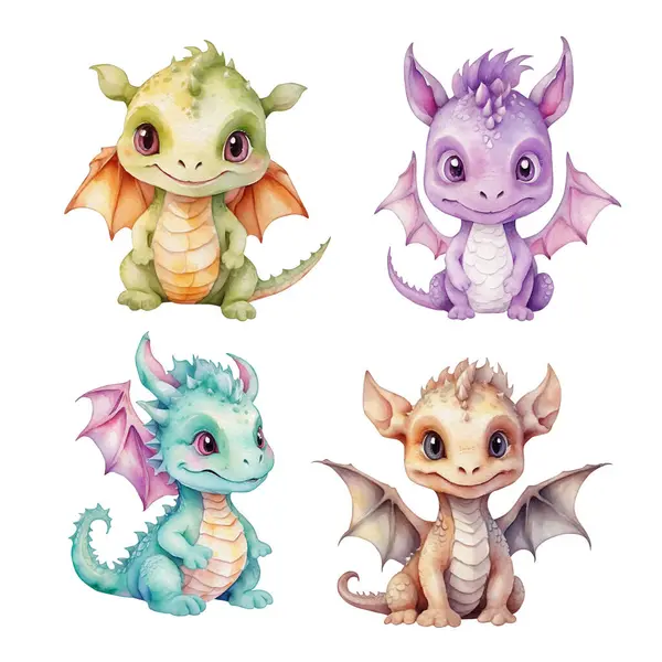 Watercolor Cute Baby Dragon Set Nursery Royalty Free Stock Photos