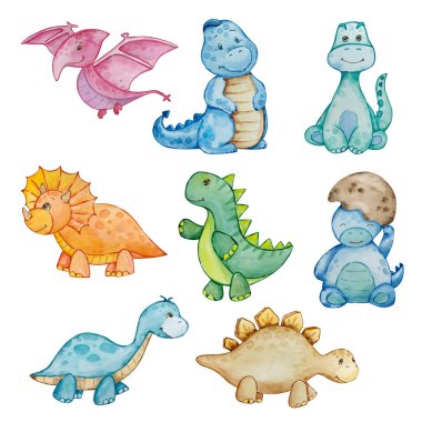Suluboya şirin bebek dinozorlar seti, çocuk odası çizimi