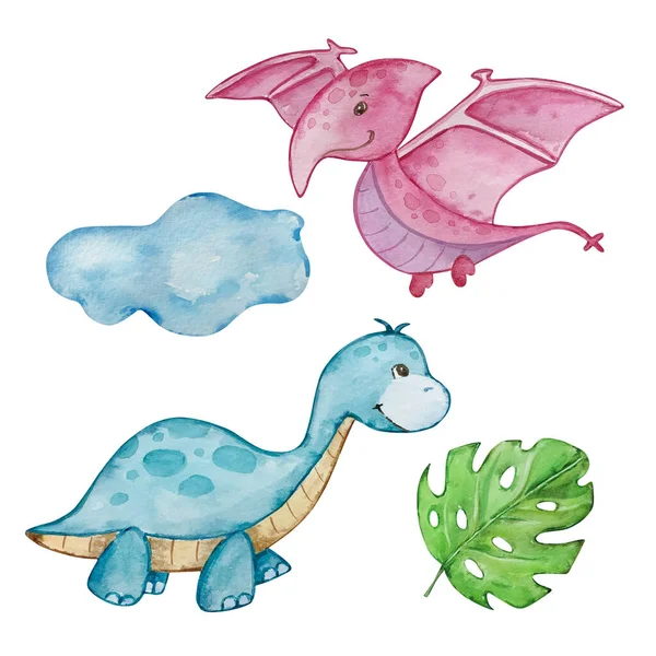 Watercolor cute baby dinosaurs set, nursery illustration