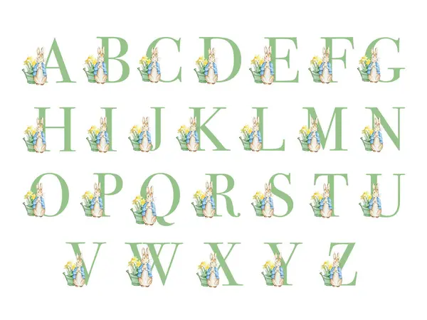 Πράσινο Αλφάβητο Ακουαρέλα Κουνέλι Γράμματα Φυτώριο Royalty Free Εικόνες Αρχείου