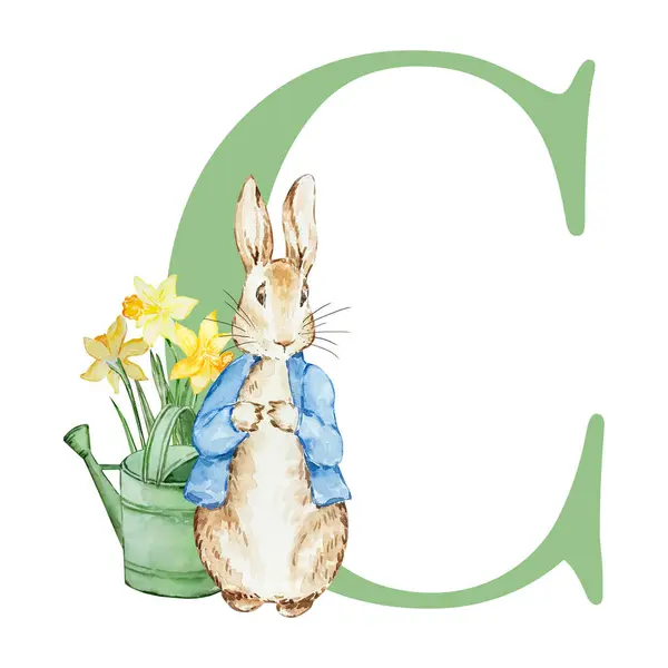 Green Letter Watercolor Rabbit Nursery Alphabet Stock Picture