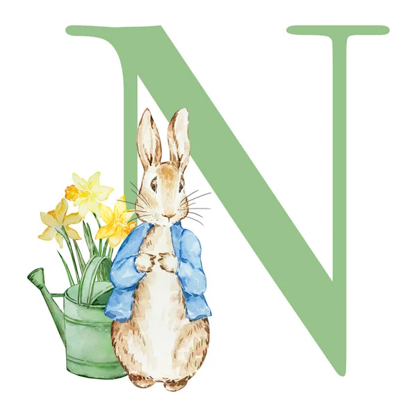 Green Letter Watercolor Rabbit Nursery Alphabet Stock Image