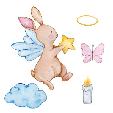 Tatlı suluboya bebek melek tavşancık, kreş.
