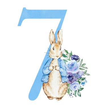 7 numaralı suluboya mavi, tavşanlı, şirin dekoru var.