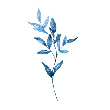 Mavi yapraklı dallar suluboya, çiçekli bitkiler