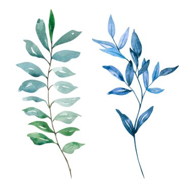 Yeşil yapraklar suluboya seti, desen ve baskı için çiçek çizimi