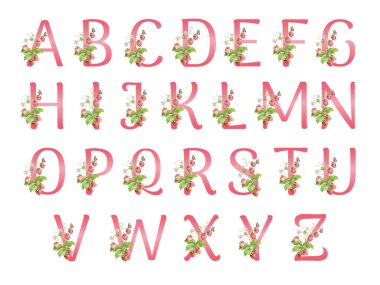 Baskı ve tasarım için suluboya çilek, yapraklar, çiçekler ve kelebek ile kırmızı alfabe seti