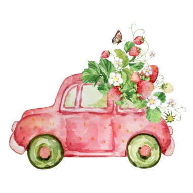 Watercolor red retro car with strawberry and butterfly, nursery illustration clipart