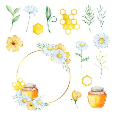 Bal peteği, papatya ve yapraklı suluboya çerçeve, çiçek dekoru