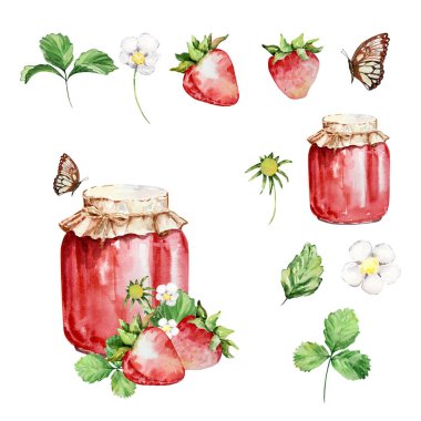 Suluboya cam kavanoz çilek reçeli ve kelebek, tatlı illüstrasyon