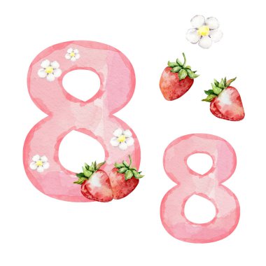 Çilekli suluboya pembe numara 8 dekor ve baskı için çiçekler