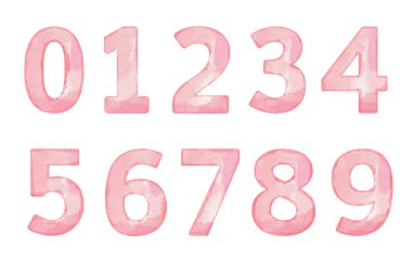 Suluboya pembe sayılar seti 0-9, kart ve baskı için dizayn
