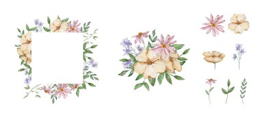 Kağıt tasarımı ve baskısı için suluboya bahçe çiçekleri ve yaprakları ile sınır