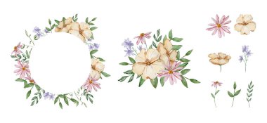 Kart tasarımı ve baskısı için suluboya bahçe çiçekleri ve yaprakları olan çerçeve