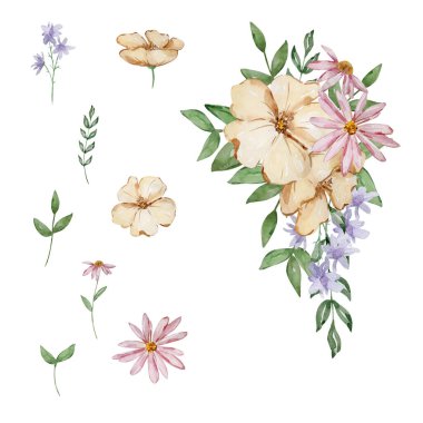 Kağıt tasarımı ve baskısı için suluboya basit bahçe çiçekleri buketi