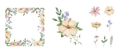 Kağıt tasarımı ve baskısı için suluboya bahçe çiçekleri ve yaprakları ile sınır