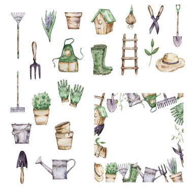 Tasarım ve yazdırma için bahçe araçları içeren suluboya bahçe çerçevesi