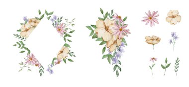 Kağıt tasarımı ve baskısı için suluboya bahçe çiçekleri ve yaprakları ile sınır