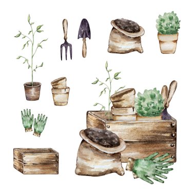 Tasarım ve yazdırma için bahçe araçları ile suluboya bahçe illüstrasyonu