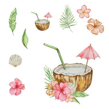 Suluboya yaz tatili plaj kuyruğu, tropikal illüstrasyon