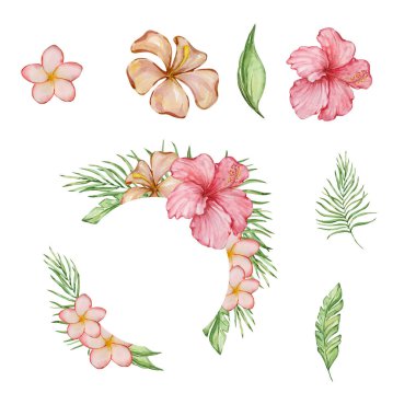 Çiçek ve yapraklı suluboya tropikal çerçeve, yaz tasarımı