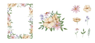Kağıt tasarımı ve baskısı için suluboya bahçe çiçekleri ve yaprakları ile sınır