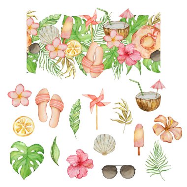 Çiçek ve yapraklarla suluboya tropikal sınır, yaz tasarımı