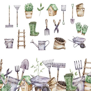 Tasarım ve yazdırma için bahçe araçları ile suluboya bahçe sınırı