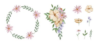 Kağıt tasarımı ve baskısı için suluboya bahçe çiçekleri ve yaprakları ile sınır