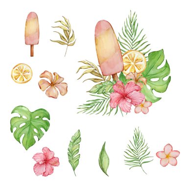 Yaz tatili suluboya plaj buzları, tropikal illüstrasyon