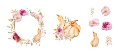 Suluboya sonbahar çerçeveleri balkabakları, çiçekler, basım ve tasarım için sonbahar yaprakları